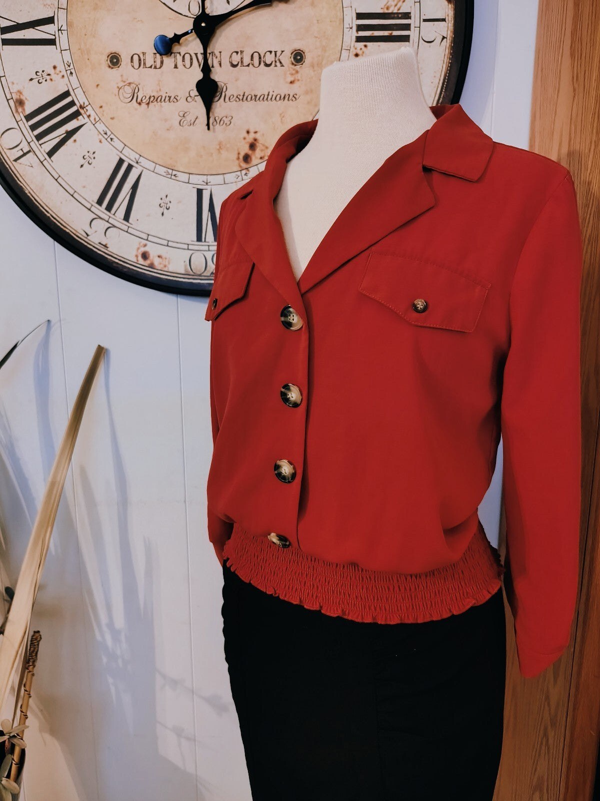 By & By Women's Button-Up Blouse w/Smocked Waist Medium