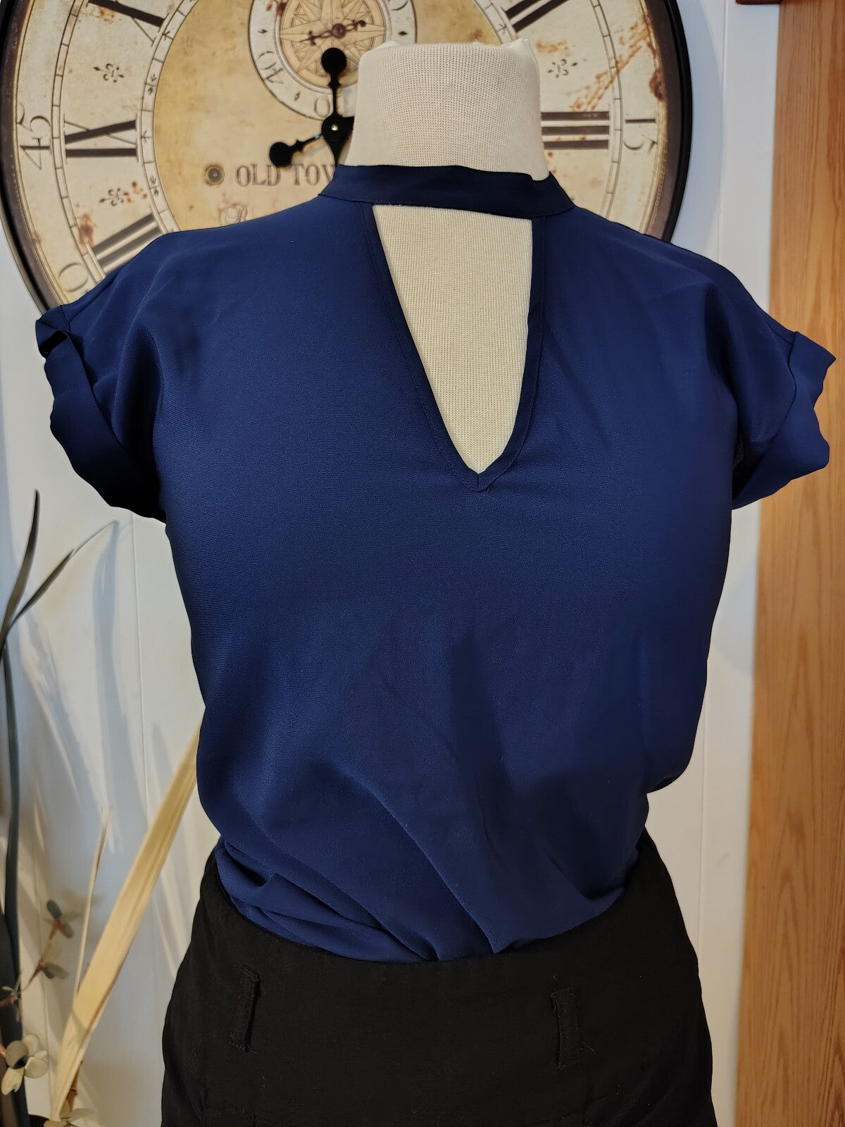 Navy Blue Short Sleeve Blouse with Keyhole Neck Express XS