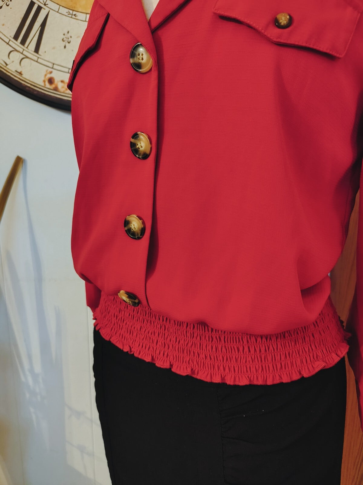 By & By Women's Button-Up Blouse w/Smocked Waist Medium