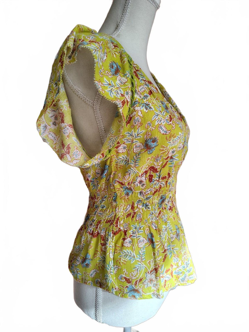 Sam Edelman Women's Yellow Floral Print Peplum Blouse, XS