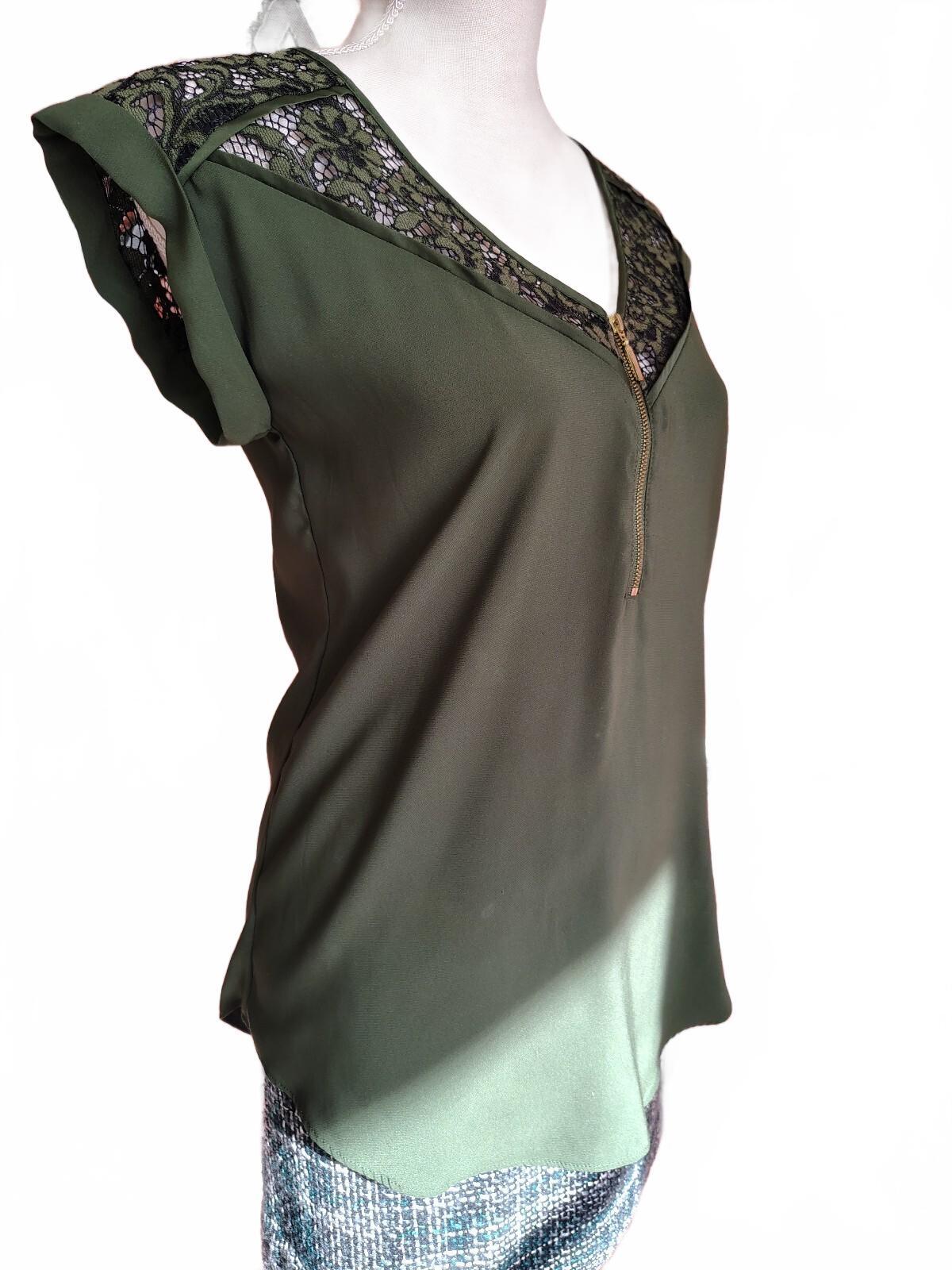 Express Women's Olive Green Blouse with Lace Detail XS