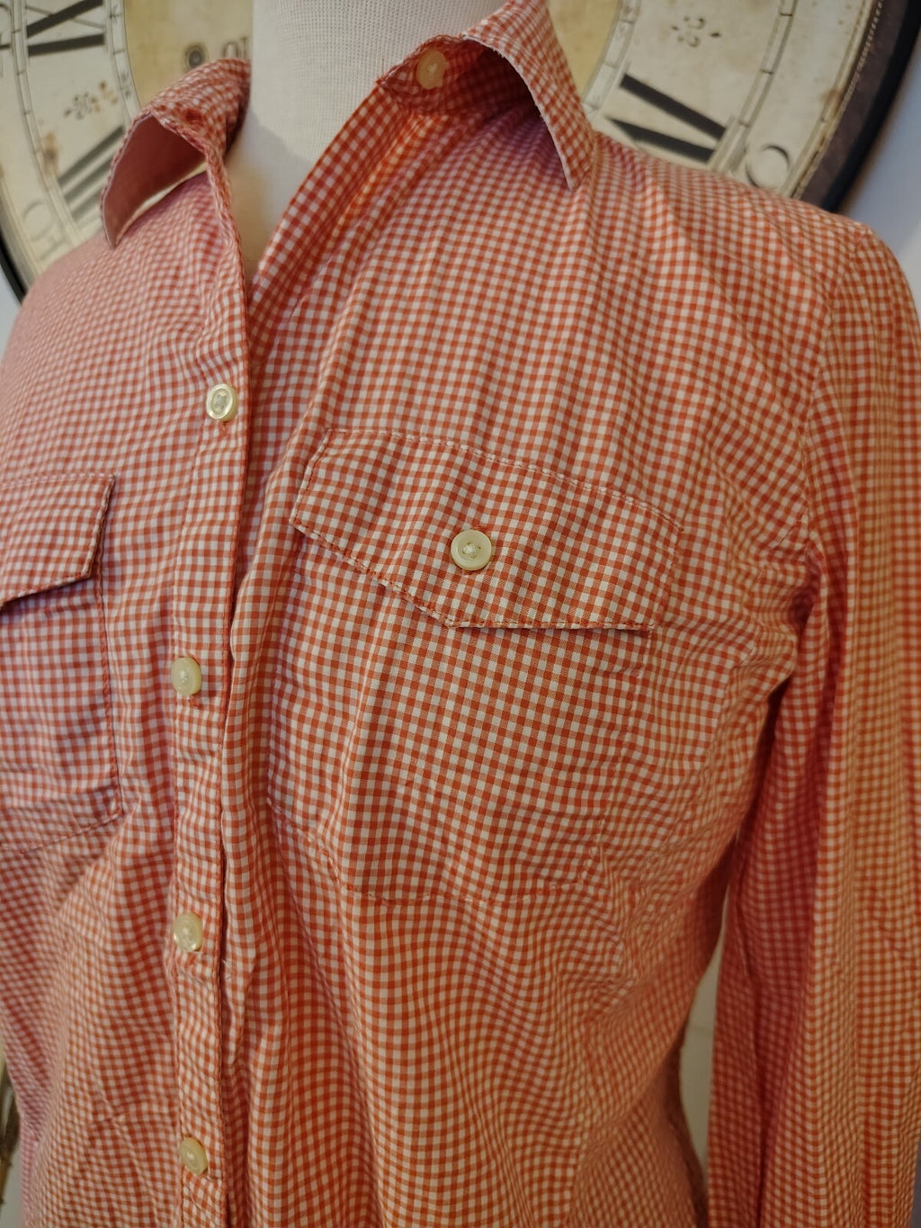 Banana Republic Soft Wash Shirt Small Orange and White Check