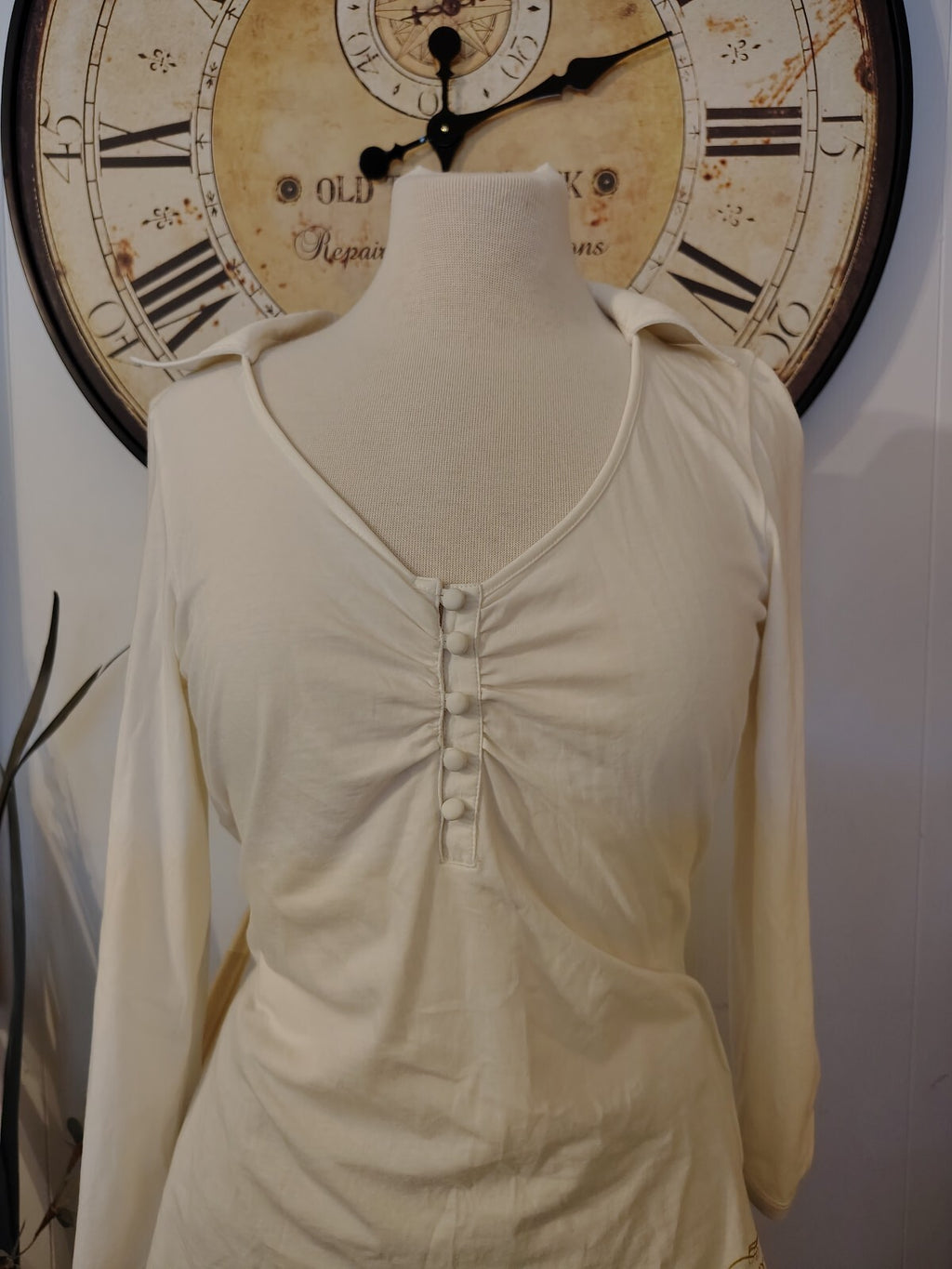 DKNY Jeans Women's Long Sleeve Cream Button Front Top Size L