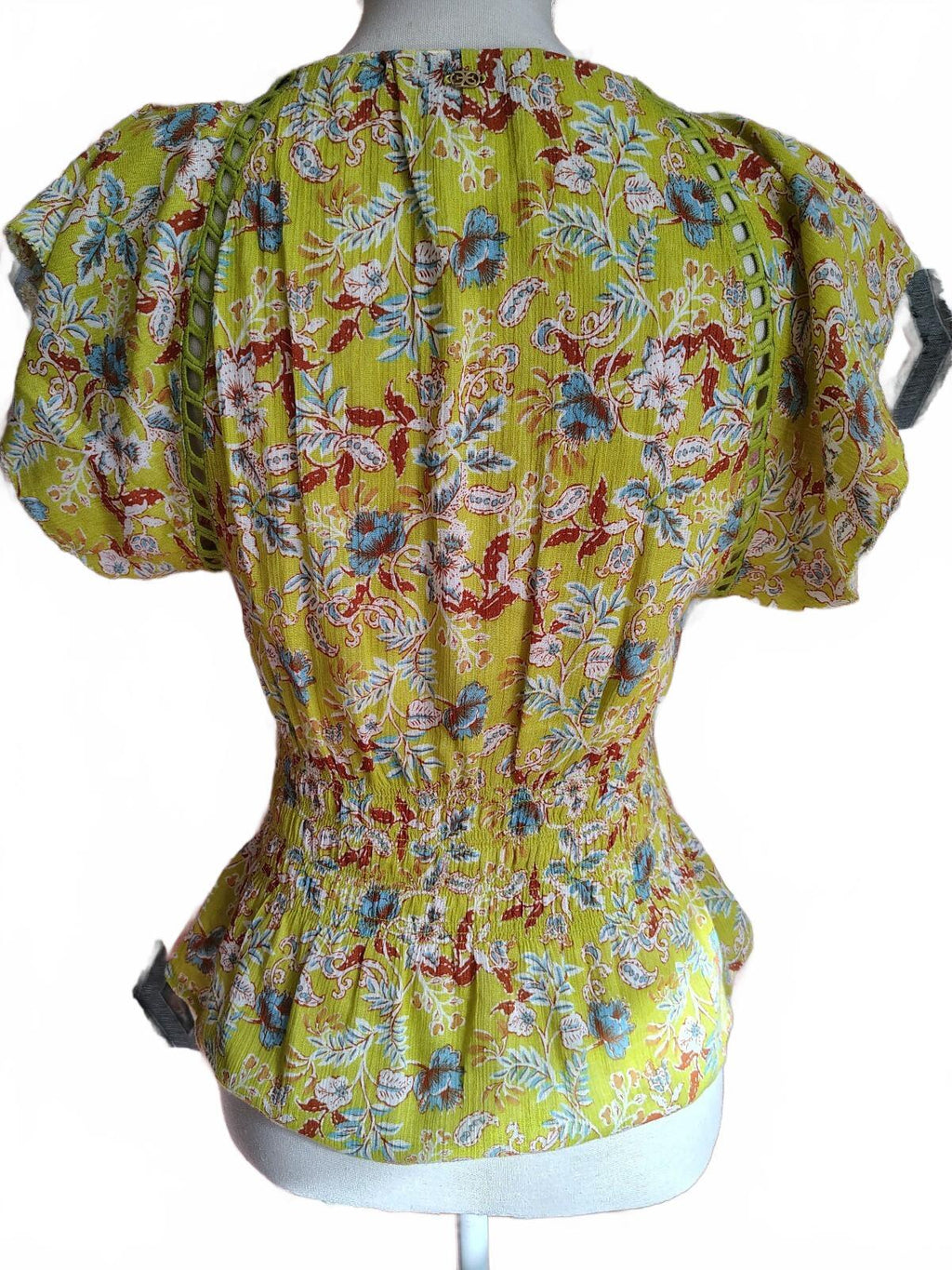 Sam Edelman Women's Yellow Floral Print Peplum Blouse, XS