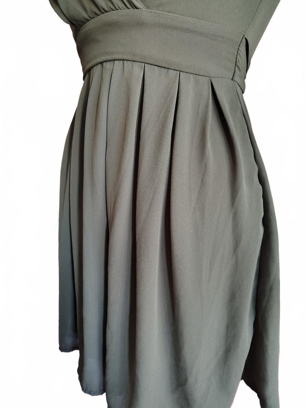 Sleeveless Olive Green V-Neck Dress with Pleated Skirt sz. 7