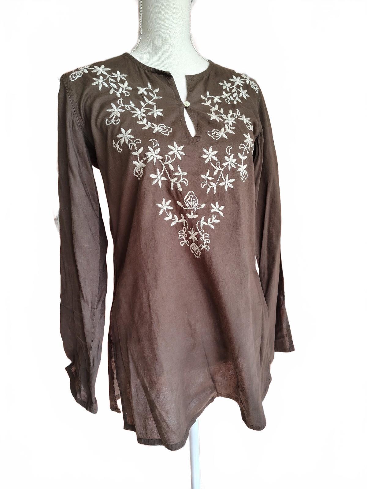 Lucky Brand Women's Brown Embroidered Cotton Tunic XS Y2K