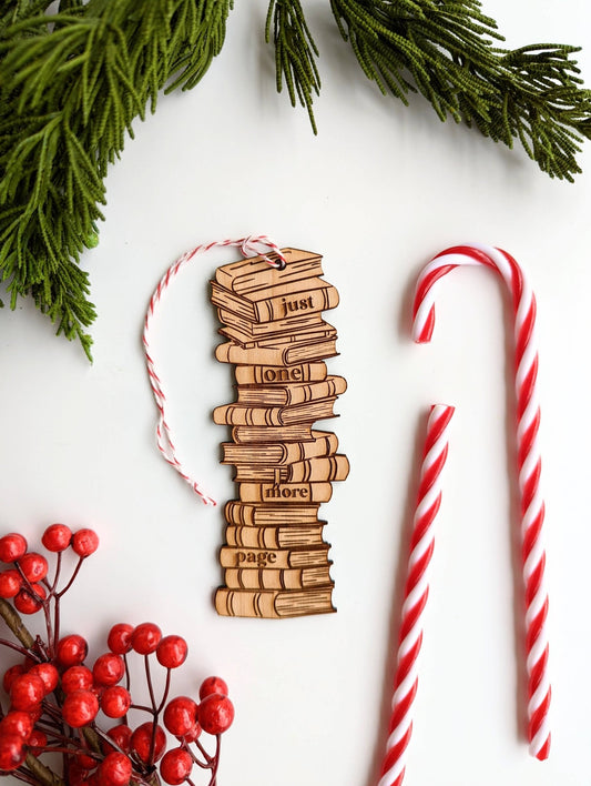 Book Stack Just One More Page Wooden Ornament: Ornament only - #shop_name NTSD Gaming and Bookish GoodsGifts