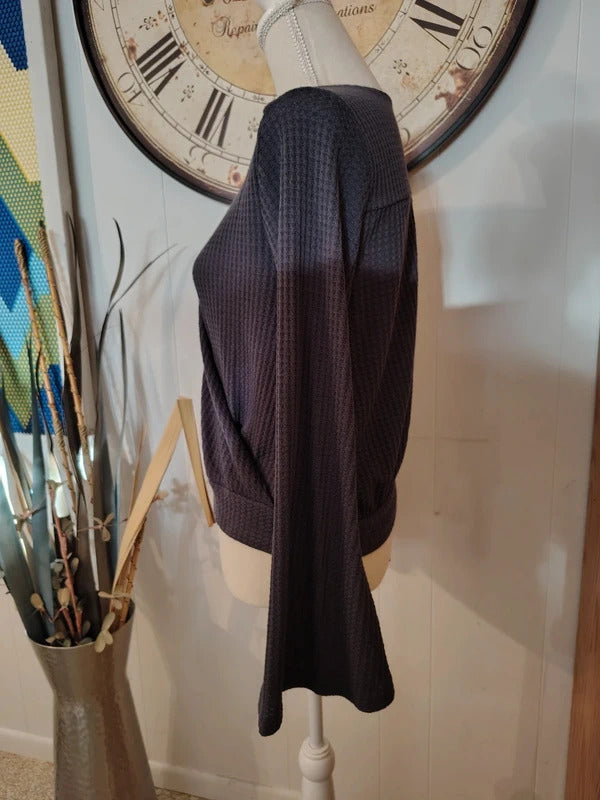 O'Neill Blue Gray Waffle Knit Wrap Bell Sleeve Top L