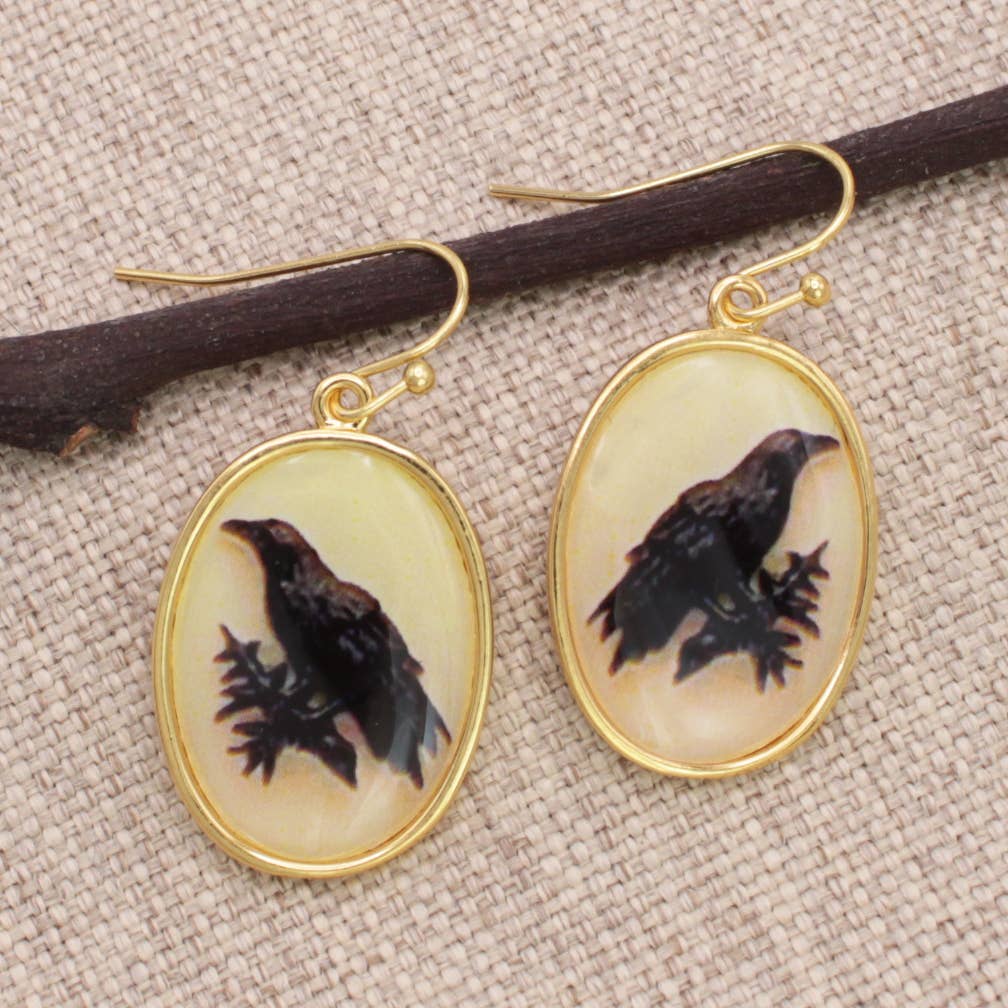 ZAD - Vintage Raven Print Gold Earrings