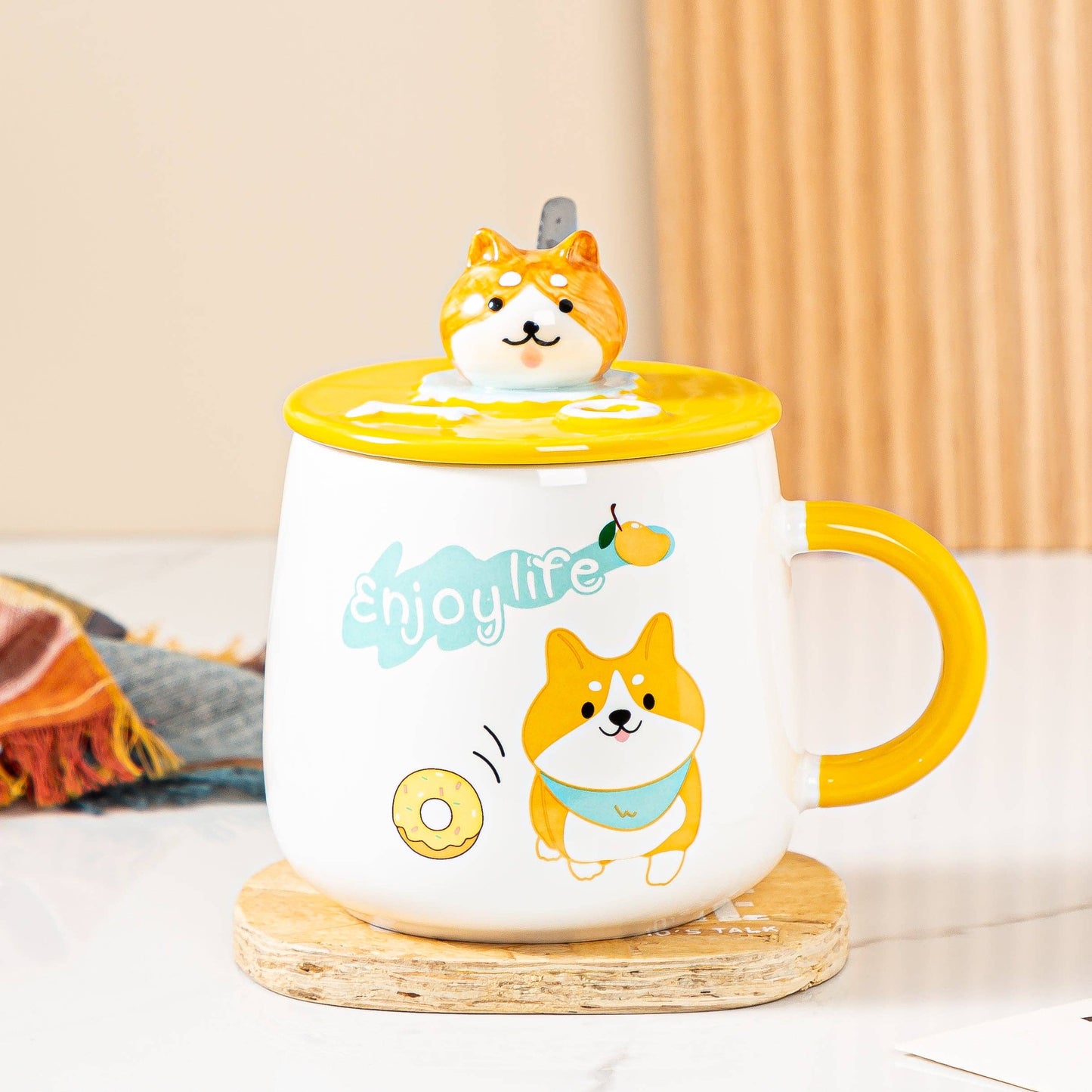 Shiba Inu Enjoy Life 13oz Mug With Lid and Spoon