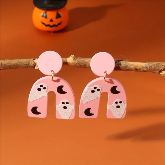 Ghost & Moon Pink Dangle Earring