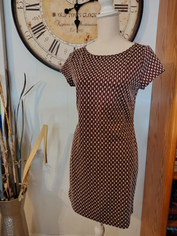 LOFT Brown & Cream Geometric Print Shift Dress – XS