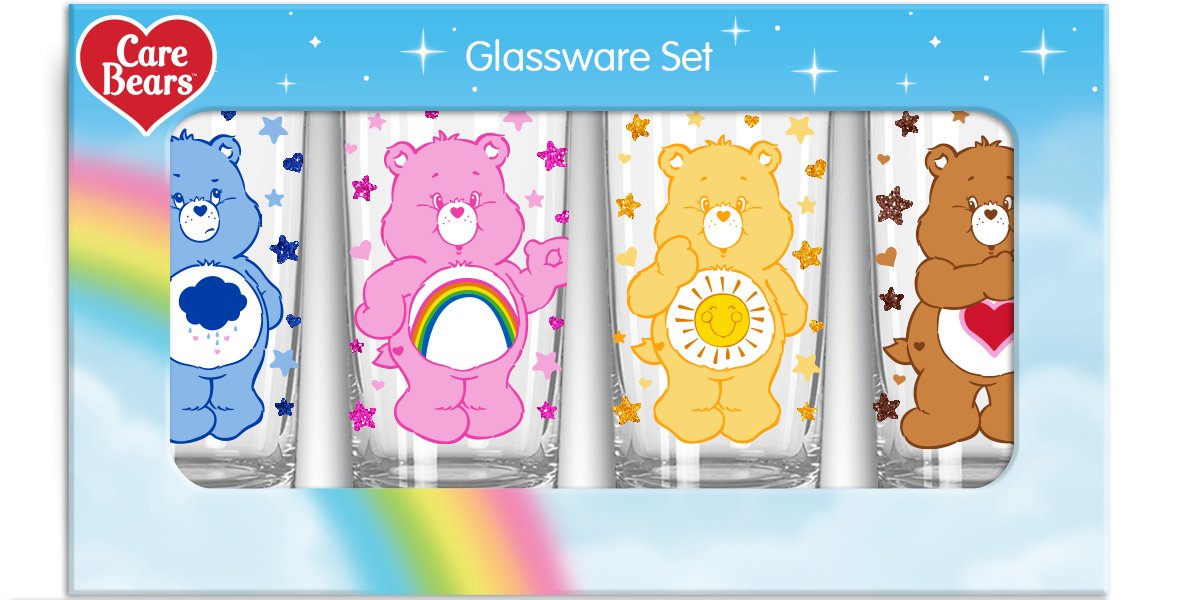 Care Bears Hearts Glitter 4pc. 10oz. Tumbler Glass Set - #shop_name Silver BuffaloGifts