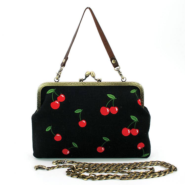 Cherry Kisslock Bag in Linen + Cotton blend fabric - #shop_name COMECO INCBoutique Bags