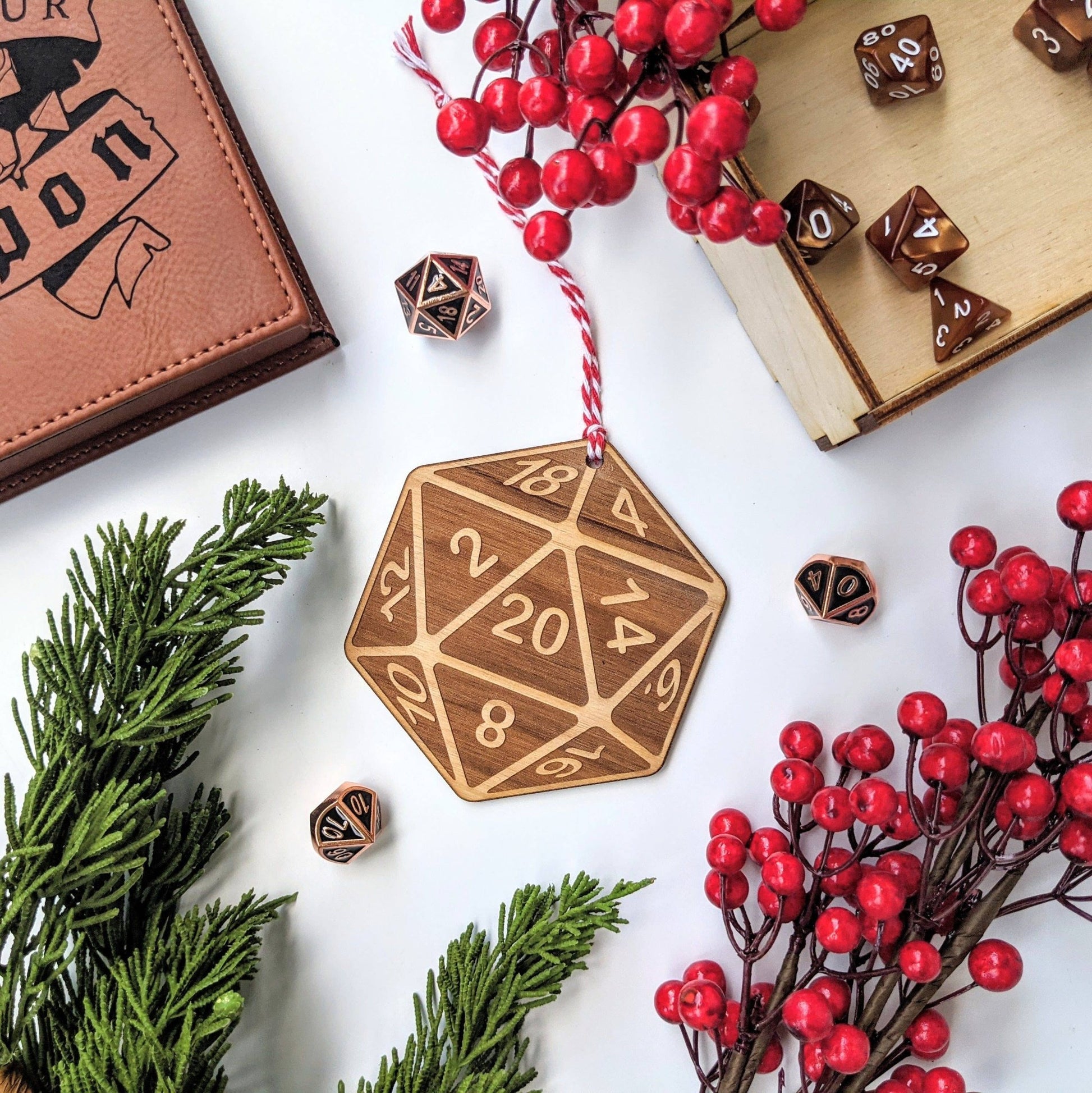 D20 D&D Nat20 Wooden Ornament - Dark Version: Ornament only - #shop_name NTSD Gaming and Bookish GoodsGifts