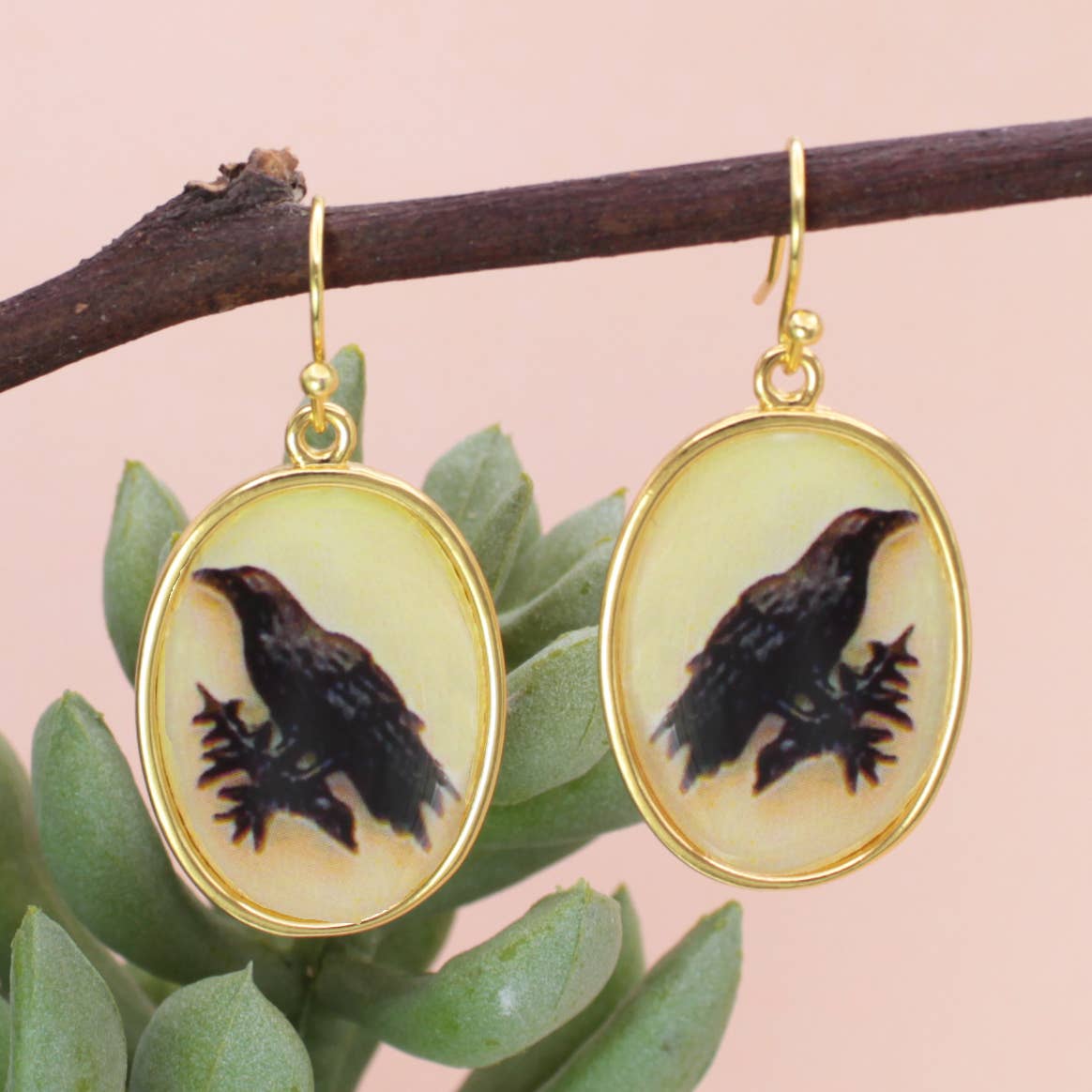 ZAD - Vintage Raven Print Gold Earrings