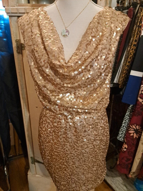 Eliza J New York Champagne Gold Sequin Cowl Neck Dress Sz 6
