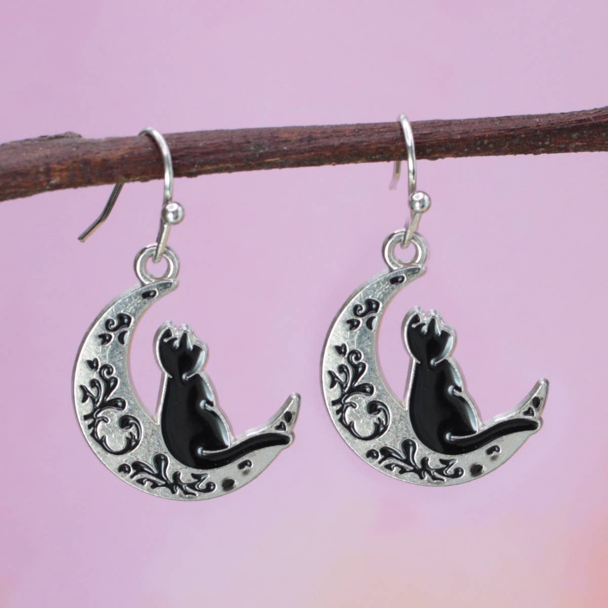 ZAD - Feline Dreams Silver Moon Black Cat Earrings
