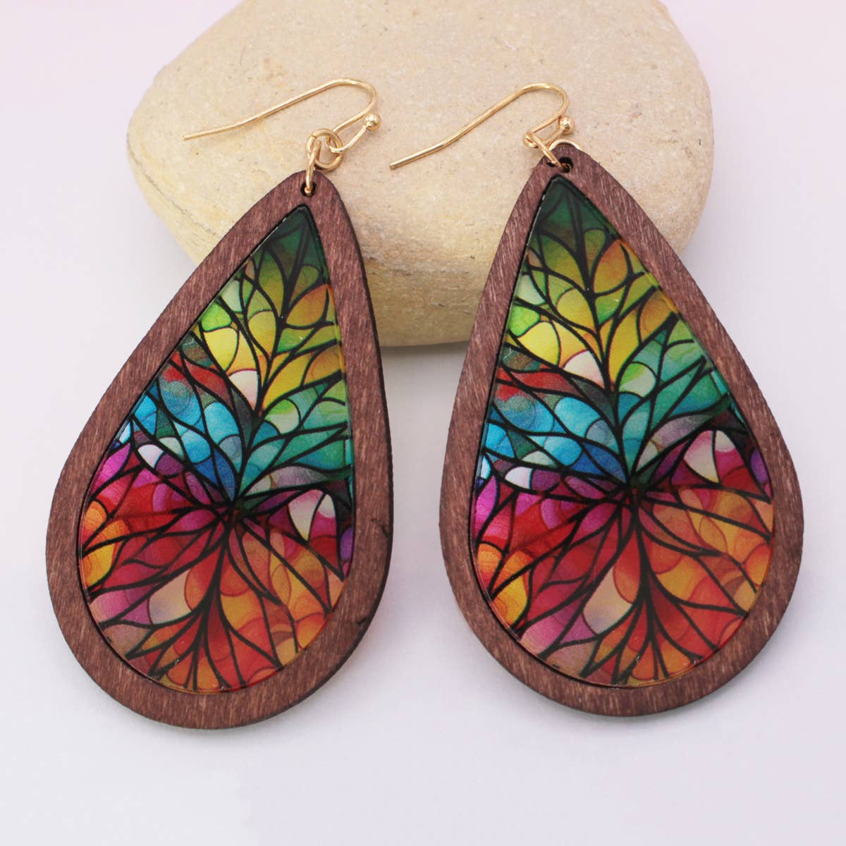 ZAD - Rainbow Mosaic Stained Glass Print Wood Earrings
