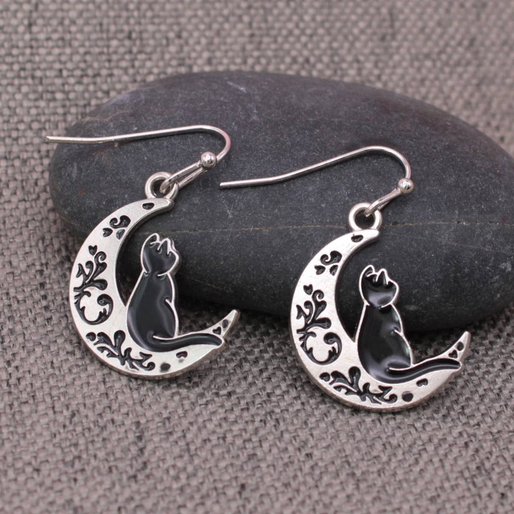 ZAD - Feline Dreams Silver Moon Black Cat Earrings