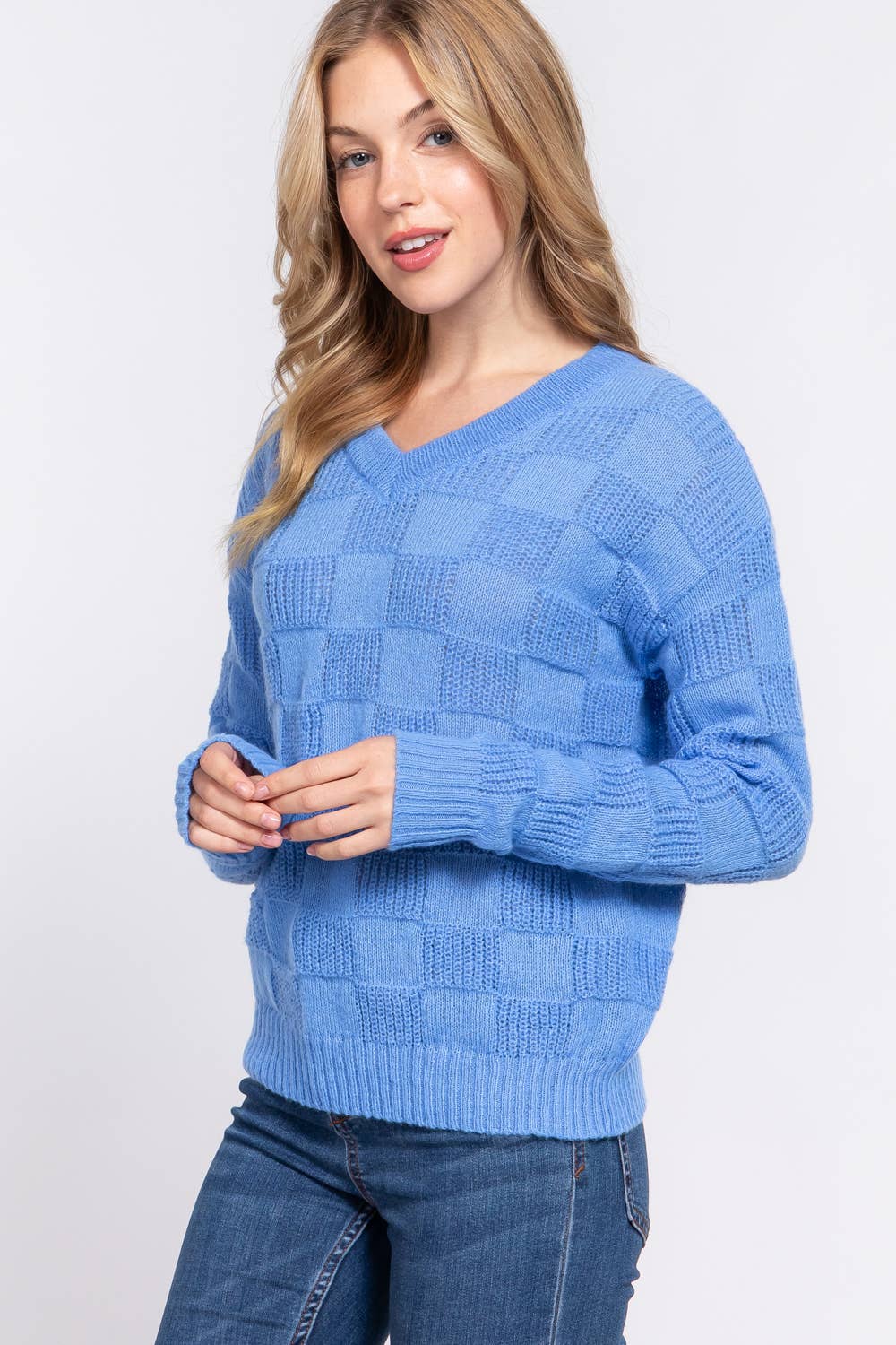 FITTED LONG SLV V - NECK TEXTURE SWEATER - #shop_name 42POPSGifts