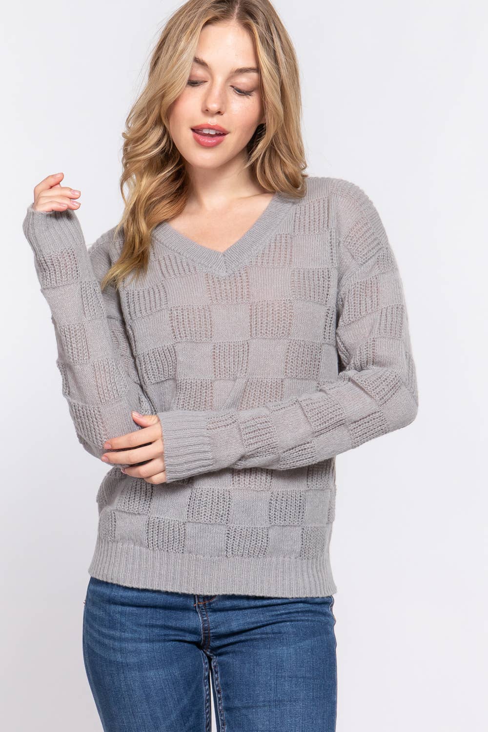 FITTED LONG SLV V - NECK TEXTURE SWEATER - #shop_name 42POPSGifts