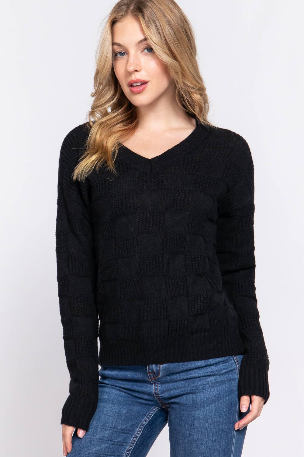 FITTED LONG SLV V - NECK TEXTURE SWEATER - #shop_name 42POPSGifts