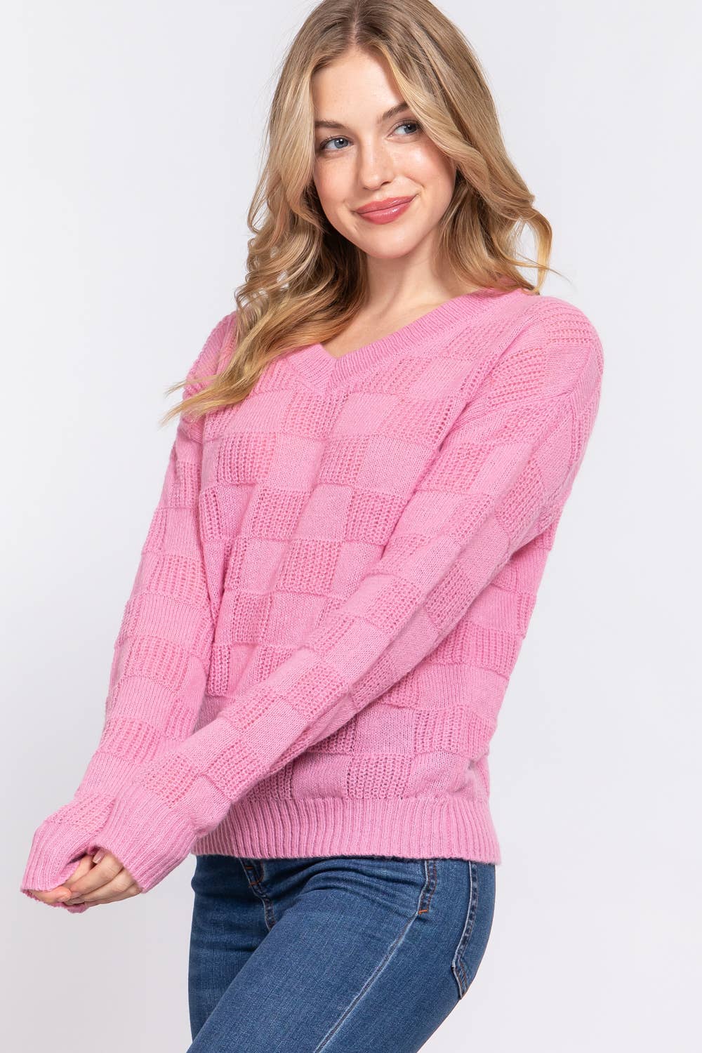 FITTED LONG SLV V - NECK TEXTURE SWEATER - #shop_name 42POPSGifts