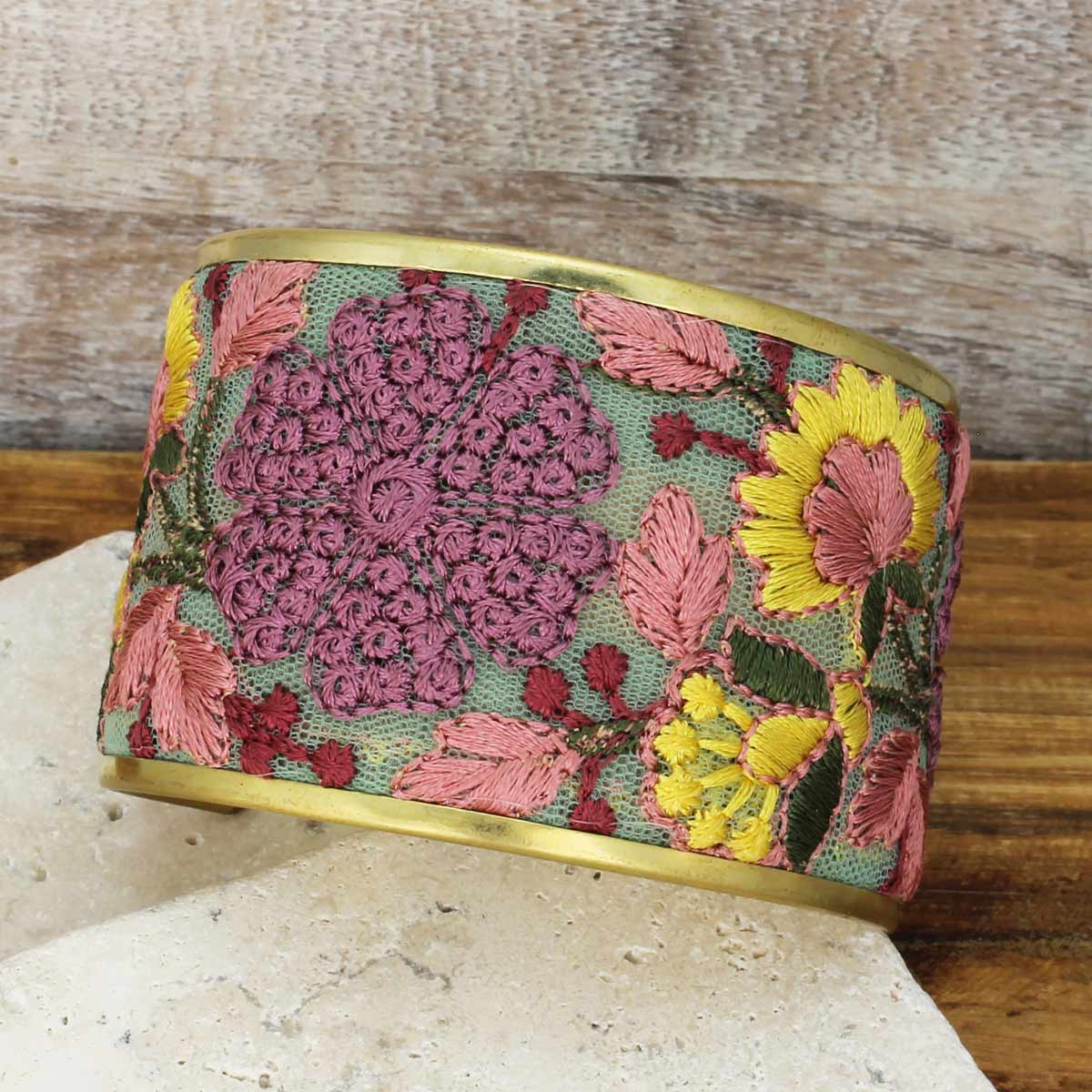 Mesh Pink Flower Embroidered Elegance Cuff Bracelet - #shop_name ZADGifts