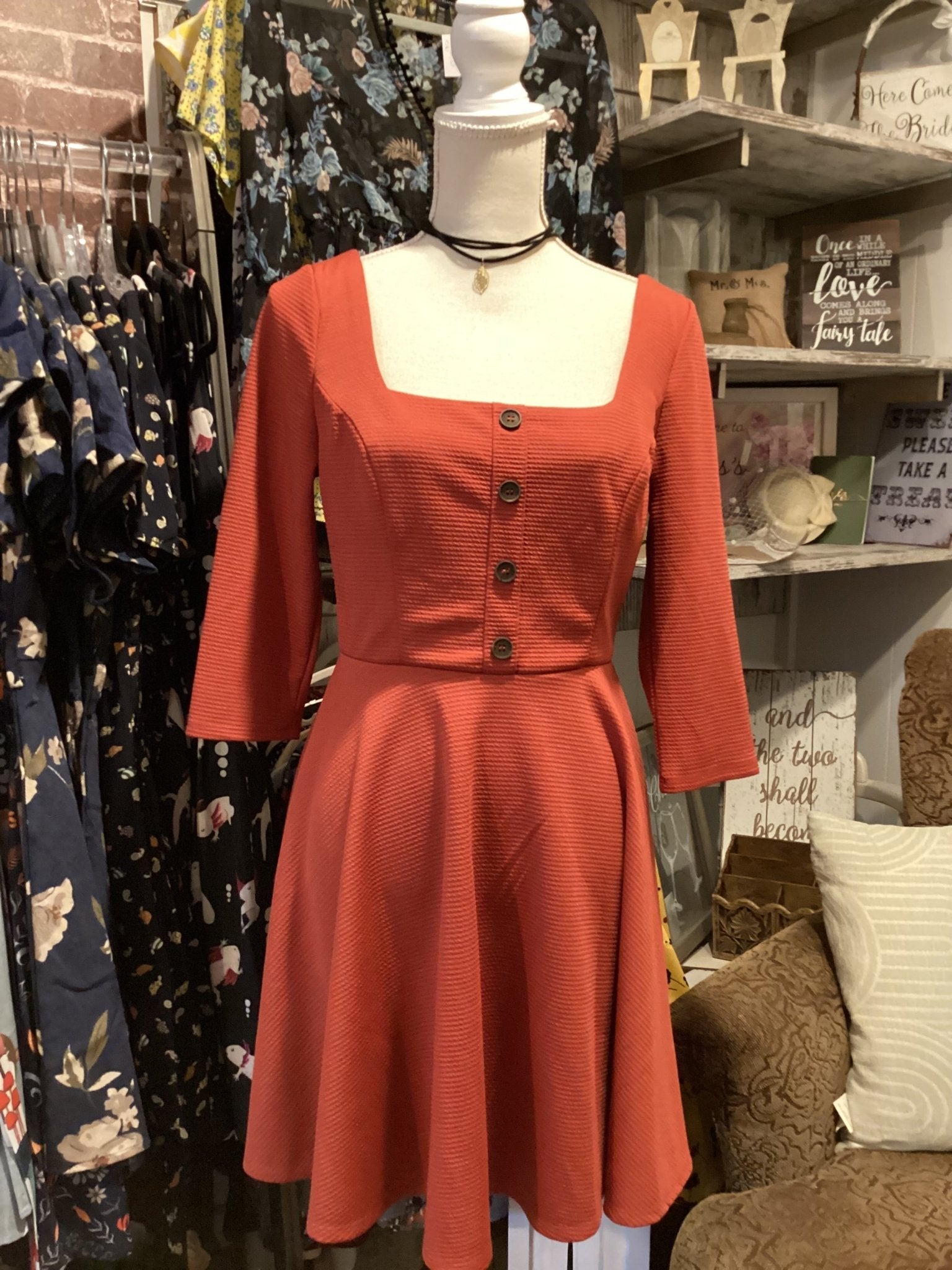 Mimi red sleeved dress with buttons size M - #shop_name Jess's Unique BoutiqueBoutique Dresses