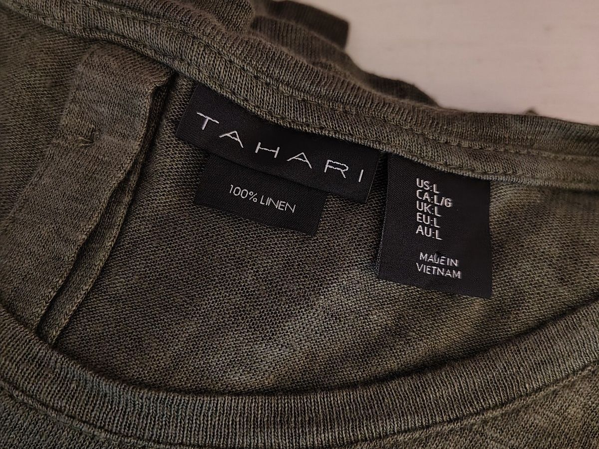 Tahari Olive Green 100% Linen Button-Back Long Sleeve Top, L