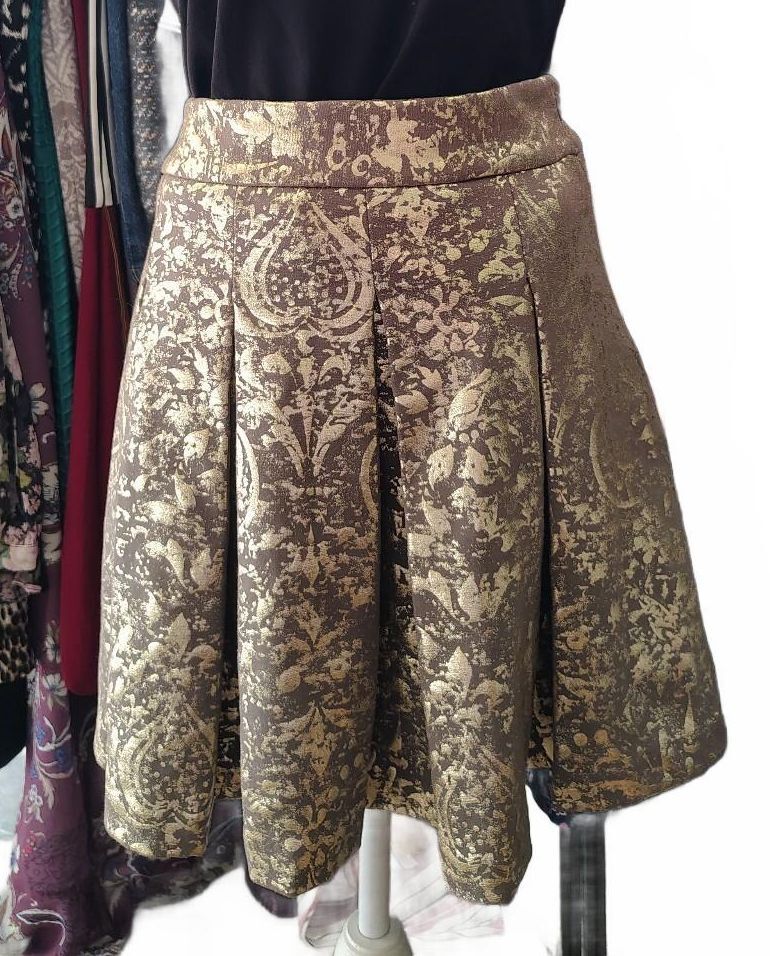 Mark Medium Brocade A-Line Skirt in Gold and Brown with Plea