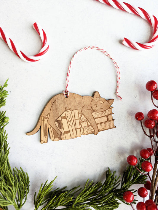 Were You Reading These? - Cat and Books Wooden Ornament