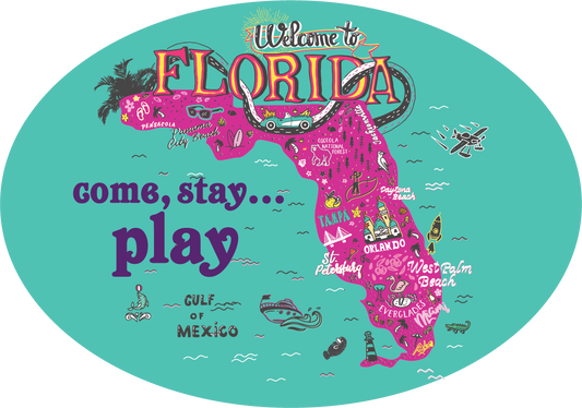 Florida Come Stay Play State with Icons Oval Die Cut Magnet
