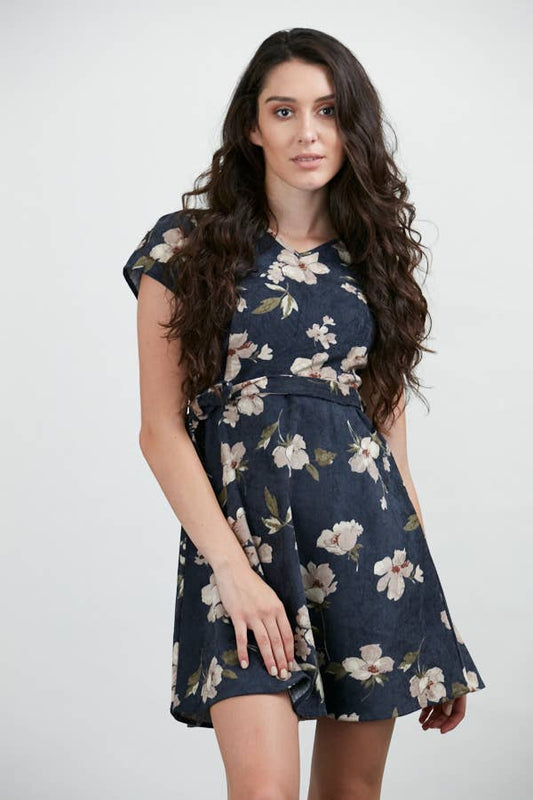 Blue Floral Print Corduroy Dress with Pockets