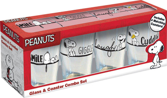 Peanuts Smile Giggle Laugh Cuddle 16 oz Glass & Coaster Comb
