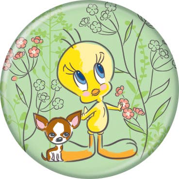 Looney Tunes Tweety On Green With Dog Buttons 1.25" Round